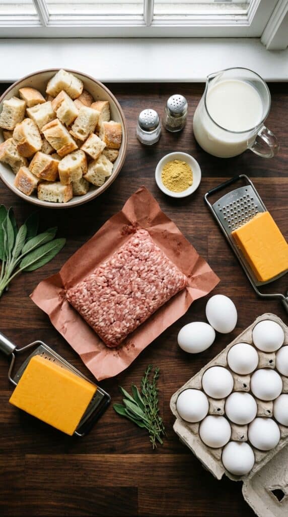 A flat lay showing cubed bread, raw ground sausage, eggs, cheddar cheese, milk, and mustard powder on a dark wooden board.