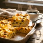 A close-up of a spatula lifting a thick, cheesy square of sausage and egg casserole, showing the fluffy layers, with a coffee cup in the background.