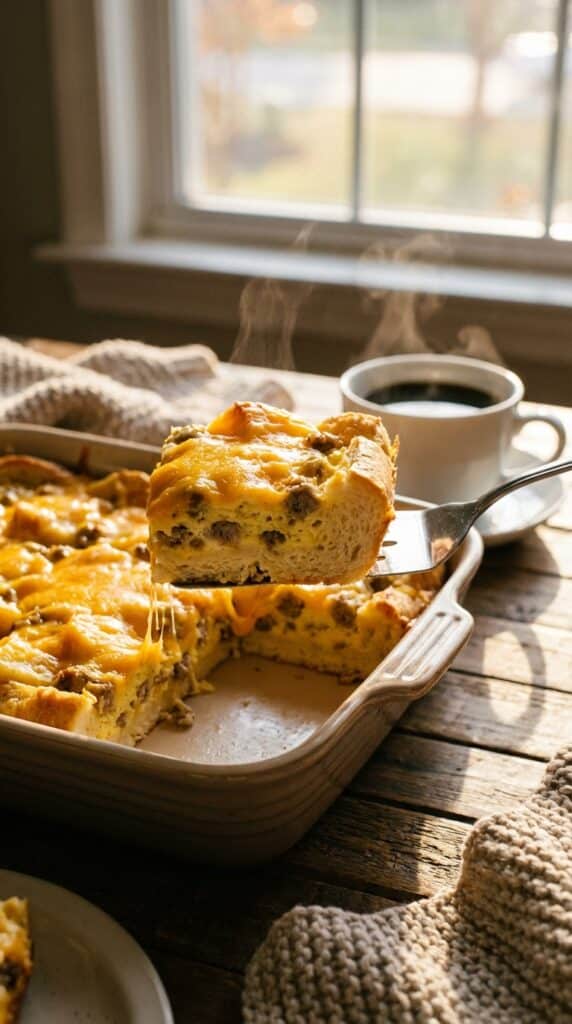 A close-up of a spatula lifting a thick, cheesy square of sausage and egg casserole, showing the fluffy layers, with a coffee cup in the background.