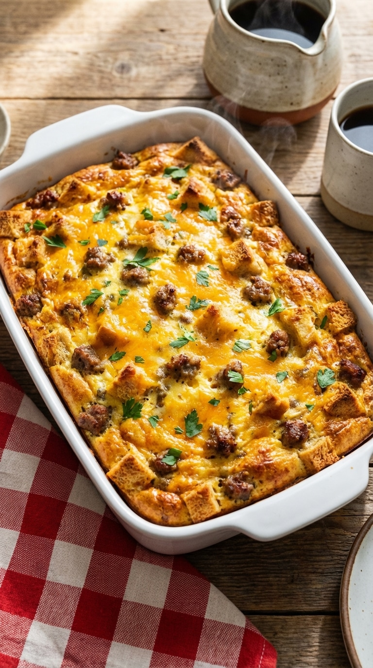 A top-down view of a golden baked sausage, egg, and cheese breakfast casserole in a white ceramic dish.