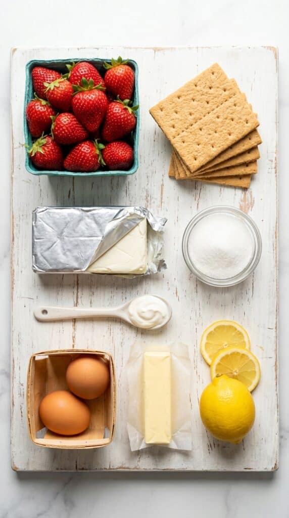 A flat lay showing fresh strawberries, graham crackers, cream cheese, eggs, sour cream, sugar, and a lemon on a white wooden board.