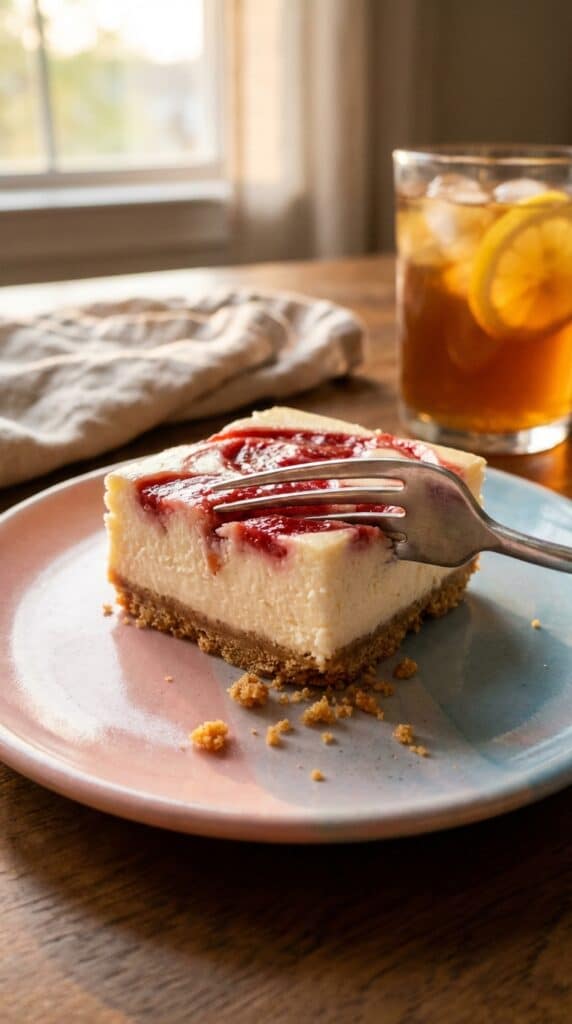 A close-up of a fork cutting through a creamy strawberry cheesecake bar, showing the dense filling and crumbly crust.