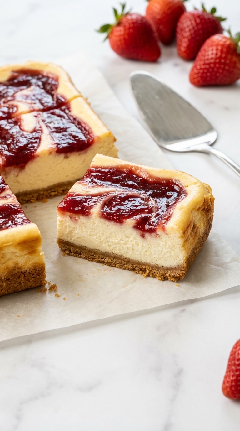 Sliced strawberry cheesecake bars on parchment paper showing a thick graham cracker crust and vibrant red strawberry swirl.