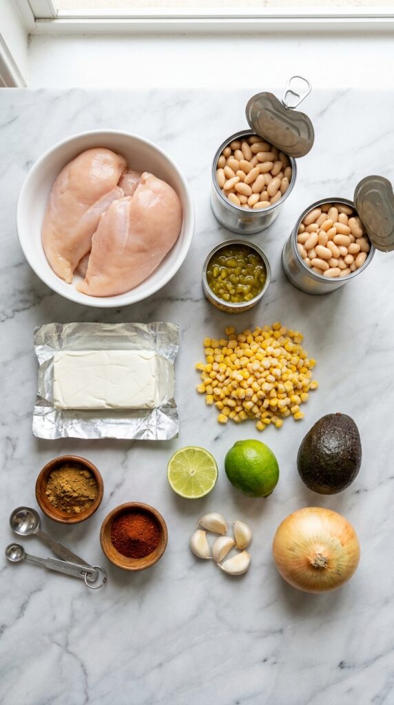 A flat lay showing chicken breasts, white beans, green chiles, cream cheese, corn, limes, avocado, and spices on a marble board.