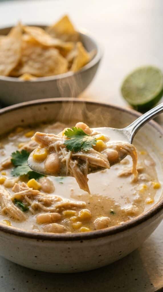 A close-up of a soup spoon holding shredded chicken, white beans, and corn coated in a creamy broth, with tortilla chips in the background.