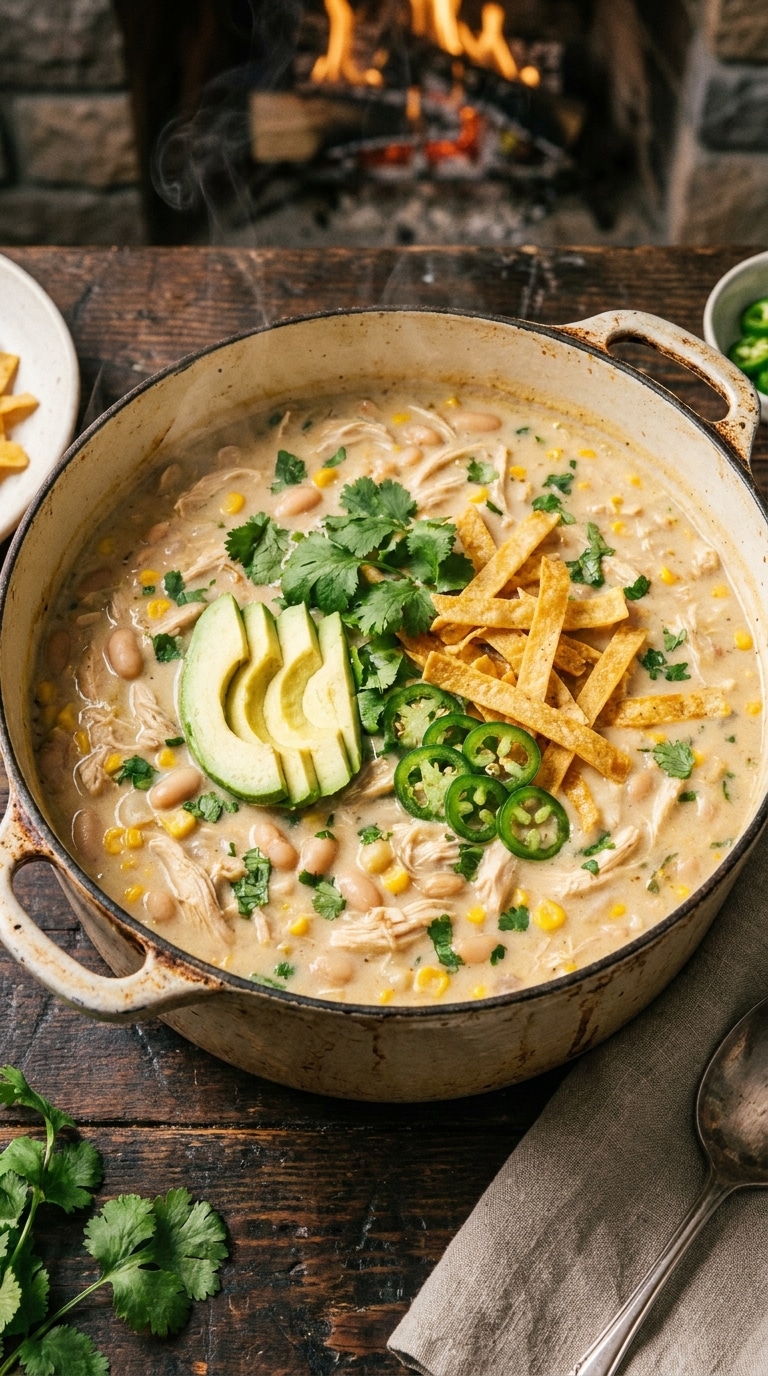 A top-down view of a Dutch oven filled with creamy white chicken chili, garnished with avocado, cilantro, jalapeños, and tortilla strips.