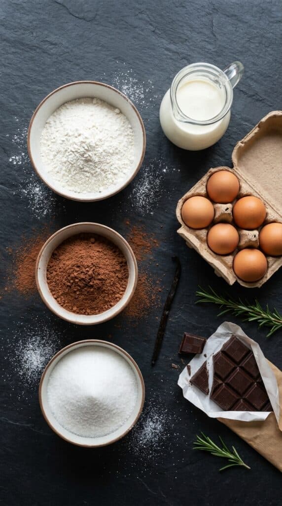 Flat lay of Yule Log ingredients: cocoa powder, flour, heavy cream, eggs, dark chocolate, and rosemary on a slate background.