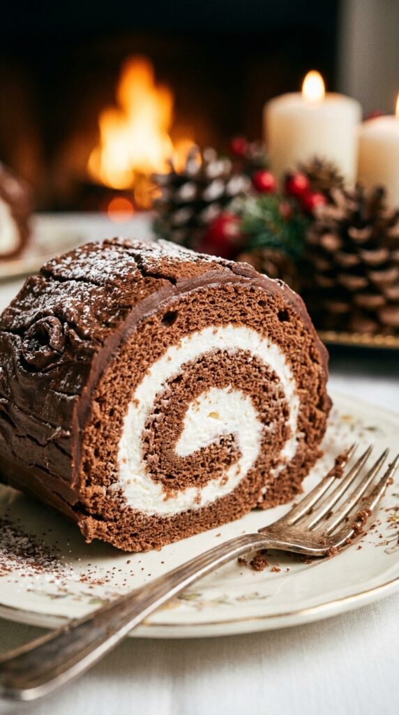 A close-up view of a slice of Yule Log cake showing a perfect chocolate-and-cream swirl pattern.