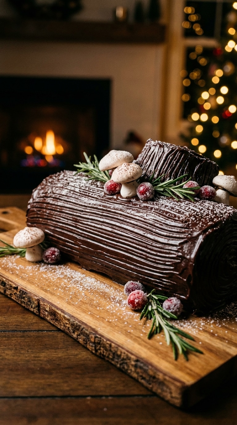 A traditional Bûche de Noël cake decorated as a forest log with meringue mushrooms, rosemary, and sugared cranberries.