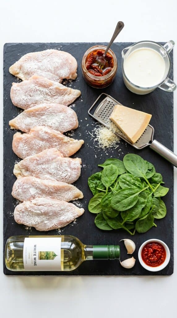 A flat lay showing floured chicken cutlets, heavy cream, parmesan, sun-dried tomatoes, fresh spinach, white wine, and garlic on a dark slate board.