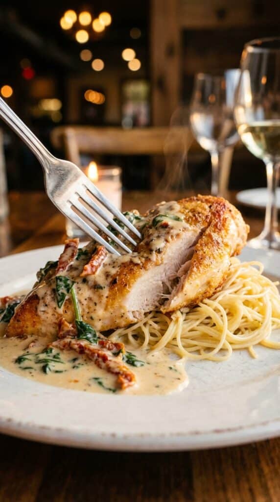 A close-up of a fork cutting into golden chicken topped with creamy sun-dried tomato and spinach sauce, served over angel hair pasta.