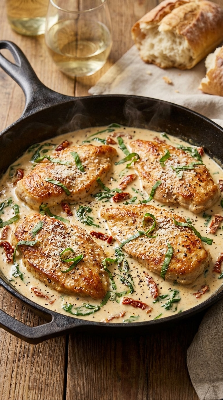 A top-down view of a cast iron skillet filled with golden-brown chicken cutlets smothered in a creamy sauce with sun-dried tomatoes and spinach.