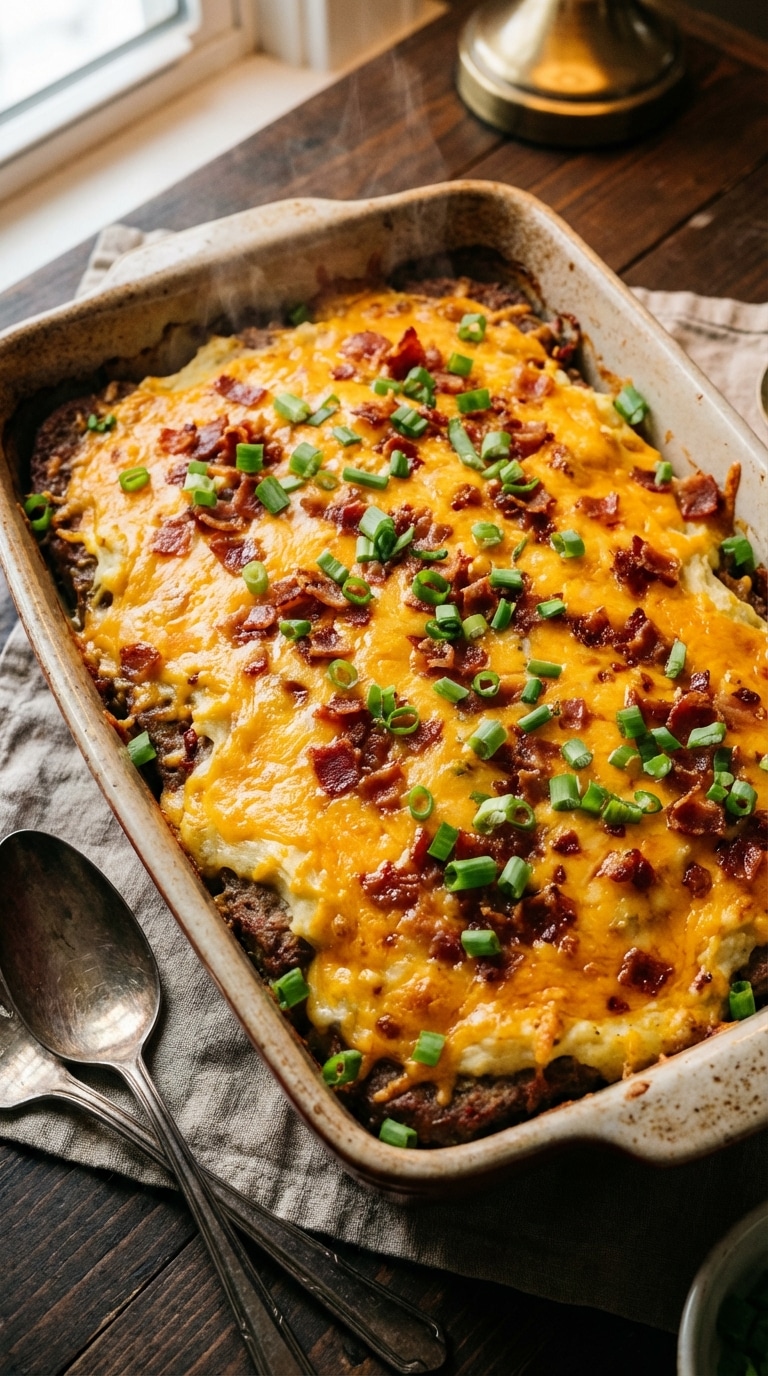 A 9x13 baking dish filled with a meatloaf casserole topped with mashed potatoes, melted cheddar cheese, bacon, and fresh green onions.
