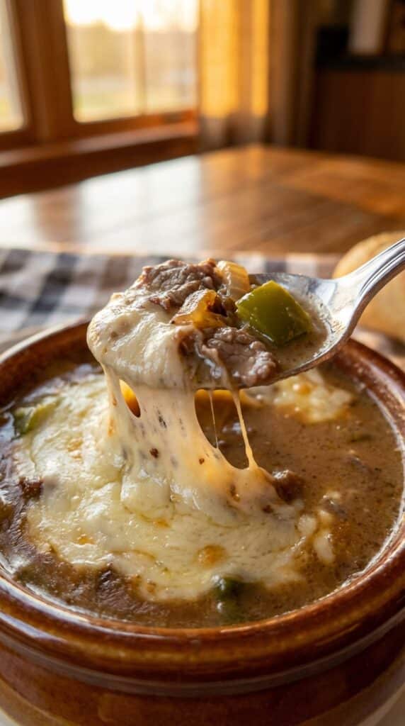 A close-up of a soup spoon breaking through melted cheese to lift a bite of shaved beef and peppers from a bowl of creamy soup.