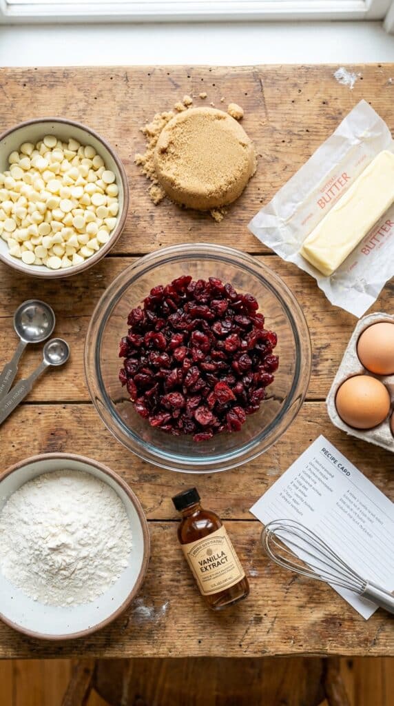 A flat lay showing dried cranberries, white chocolate chips, brown sugar, butter, flour, and eggs on a wooden board.