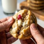 A close-up of hands breaking a soft white chocolate cranberry cookie in half, showing a chewy center and melted chocolate.