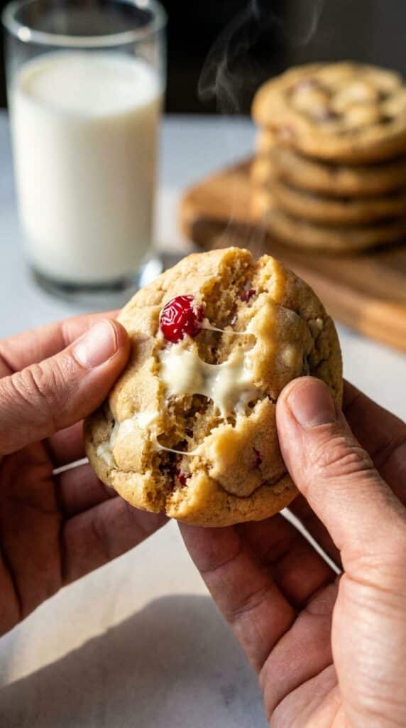 A close-up of hands breaking a soft white chocolate cranberry cookie in half, showing a chewy center and melted chocolate.