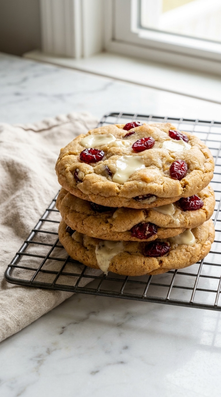 A stack of thick, golden-brown cookies filled with dried cranberries and white chocolate chips on a wire cooling rack.