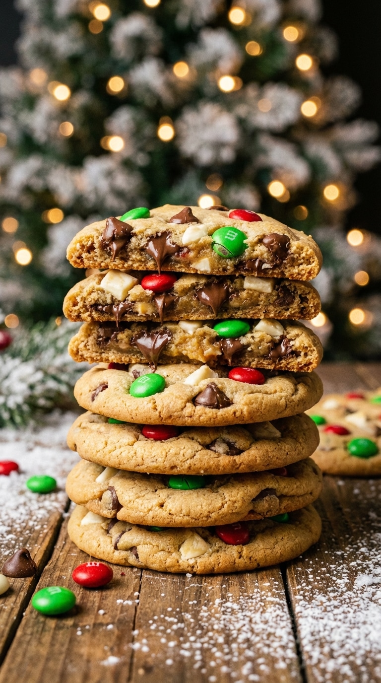 A tall stack of thick chocolate chip cookies loaded with red and gre
