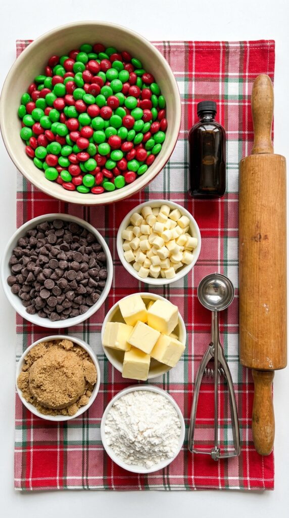 A flat lay showing red and green candies, chocolate chips, flour, brown sugar, and cold butter on a red and white plaid holiday cloth.