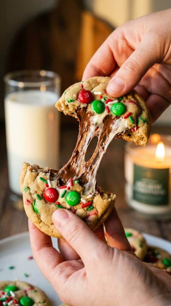 Two hands pulling apart a thick holiday chocolate chip cookie, showing a gooey melted chocolate center and red and green candies.