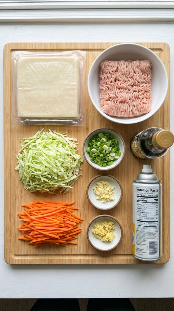 A flat lay showing egg roll wrappers, ground chicken, shredded cabbage and carrots, green onions, soy sauce, and cooking spray on a wooden board.