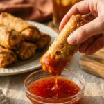 A close-up of a hand dipping a crispy golden egg roll into a small bowl of red sweet chili sauce.