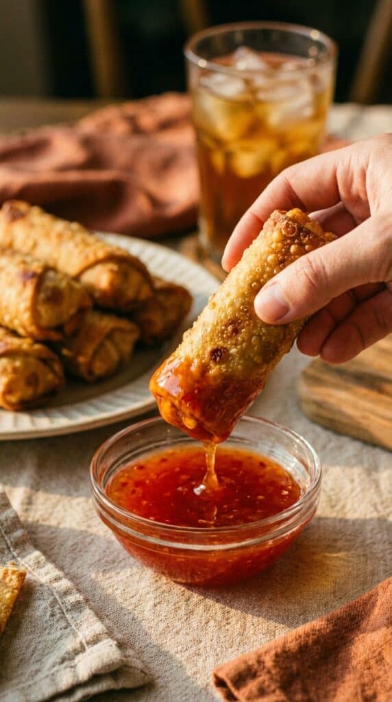 A close-up of a hand dipping a crispy golden egg roll into a small bowl of red sweet chili sauce.