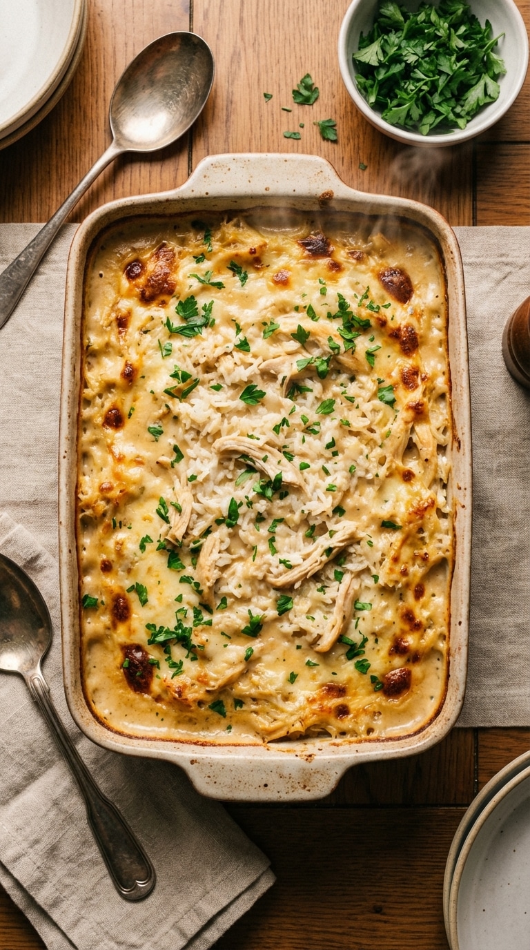 A top-down view of a ceramic baking dish filled with creamy chicken and rice casserole, garnished with fresh parsley.