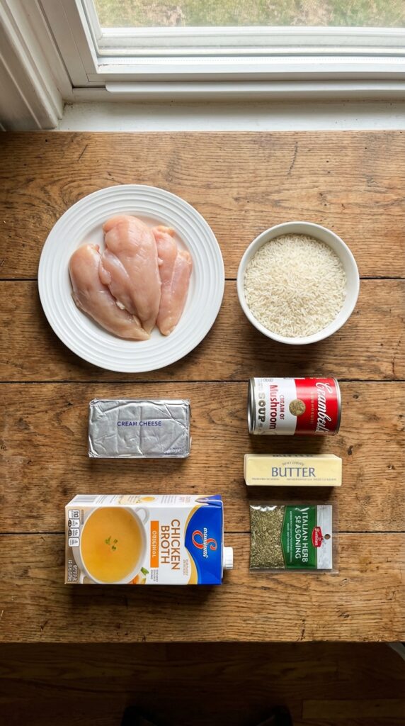 A flat lay showing raw chicken, uncooked rice, cream cheese, cream soup, broth, butter, and an Italian seasoning packet on a wooden board.