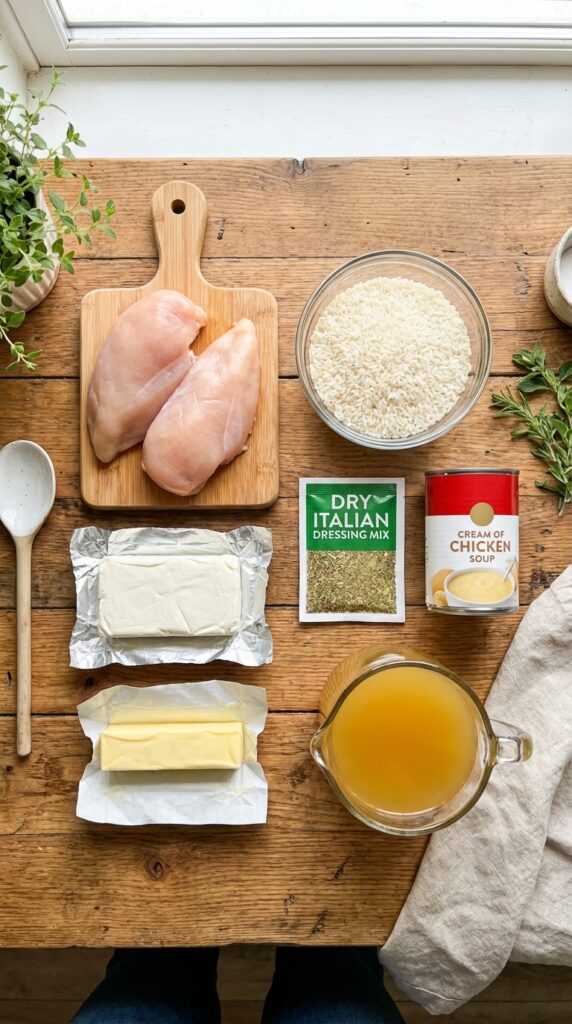 A flat lay showing raw chicken, white rice, cream cheese, butter, Italian seasoning packet, soup, and broth on a wooden board.