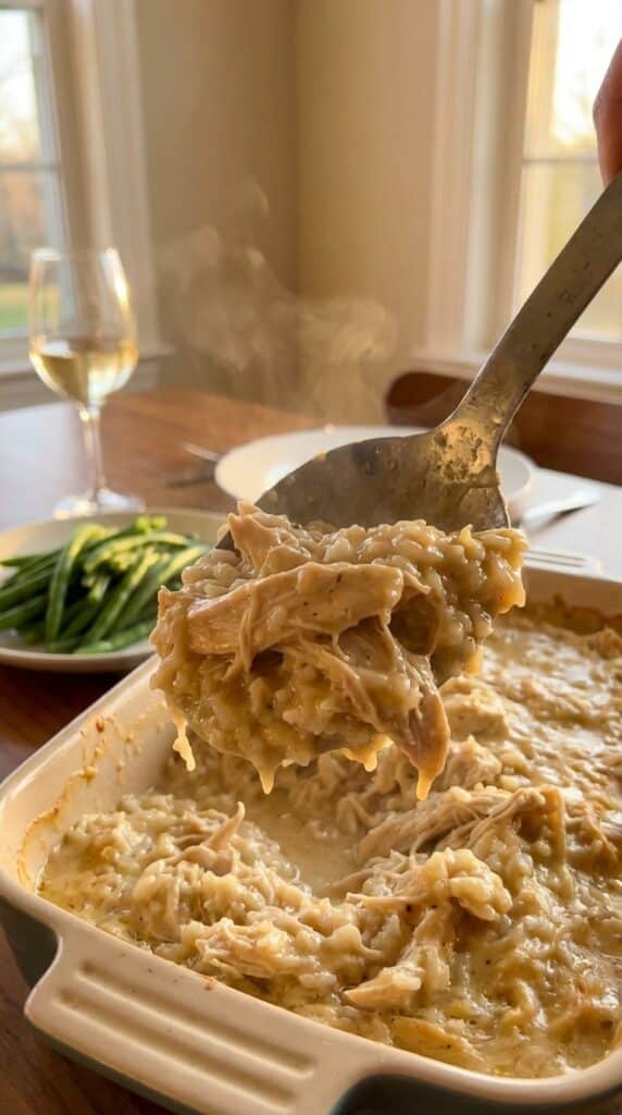A close-up of a serving spoon lifting a scoop of hot, creamy chicken and rice casserole with steam rising.