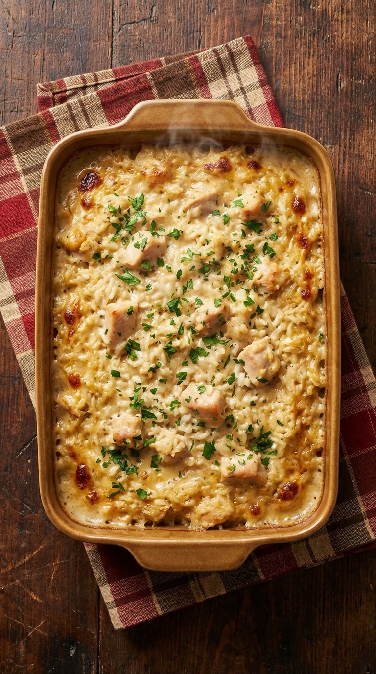 A top-down view of a ceramic baking dish filled with creamy chicken and rice casserole, garnished with fresh parsley.