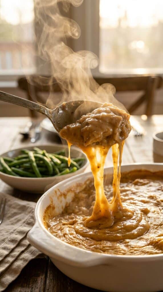 A close-up of a serving spoon lifting a scoop of hot, creamy chicken and rice casserole with steam rising.