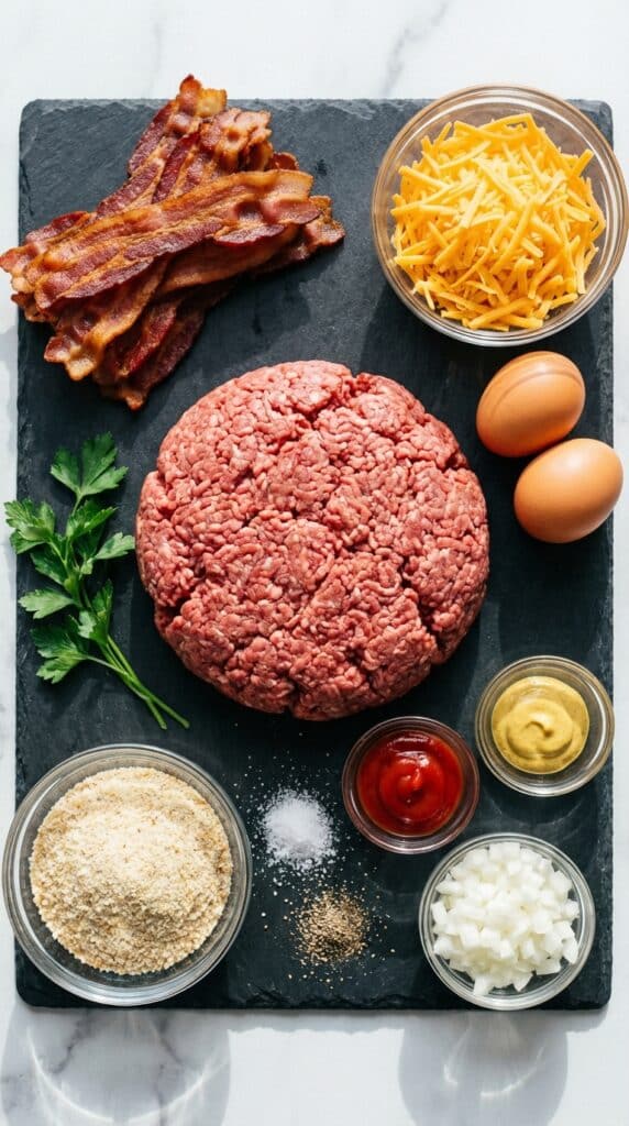 A flat lay showing raw ground beef, cooked bacon, shredded cheddar cheese, eggs, breadcrumbs, onions, ketchup, and mustard on a dark board.