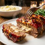 A close-up of a fork cutting into a slice of cheesy bacon meatloaf on a plate, with mashed potatoes in the background.