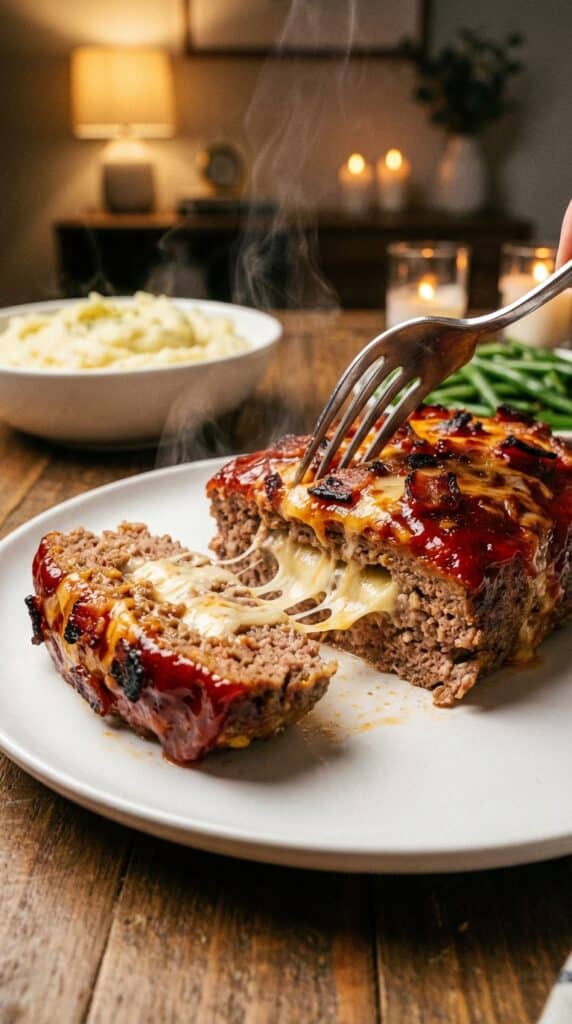 A close-up of a fork cutting into a slice of cheesy bacon meatloaf on a plate, with mashed potatoes in the background.