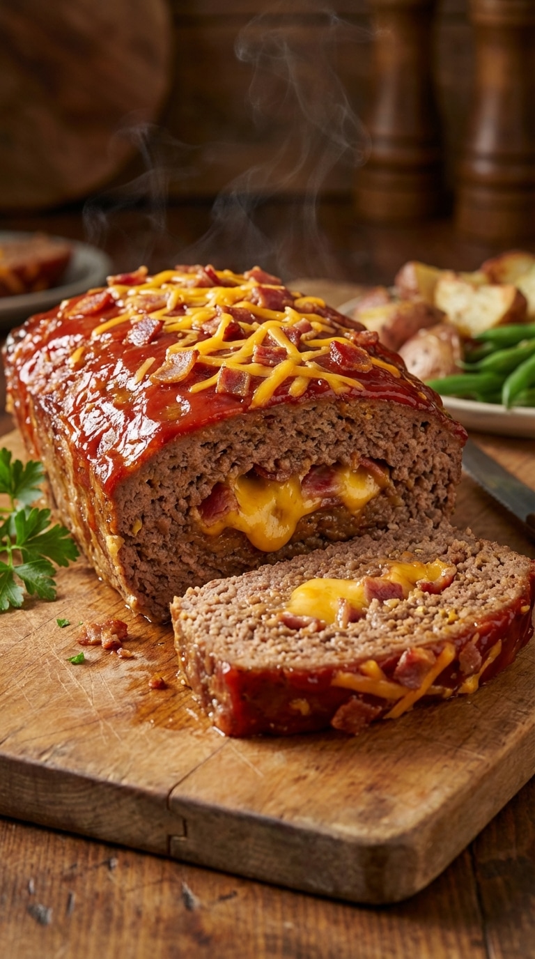 A sliced bacon cheeseburger meatloaf on a wooden board, showing melted cheddar cheese and bacon inside, topped with a ketchup glaze.