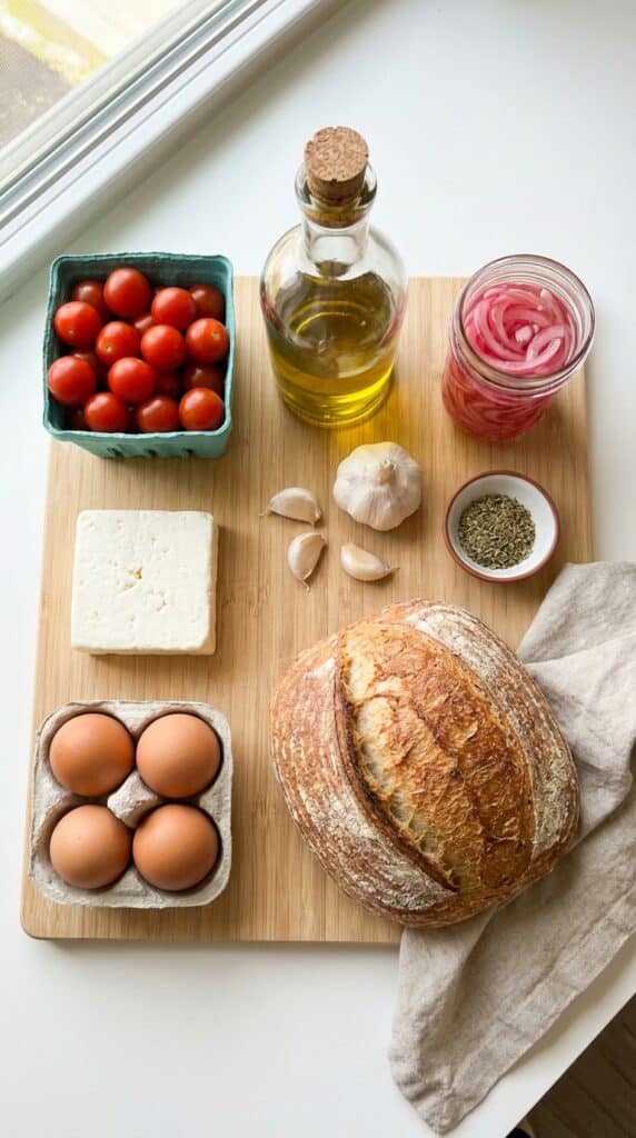 A flat lay showing cherry tomatoes, a block of feta cheese, eggs, olive oil, garlic, pickled red onions, and bread on a wooden board.