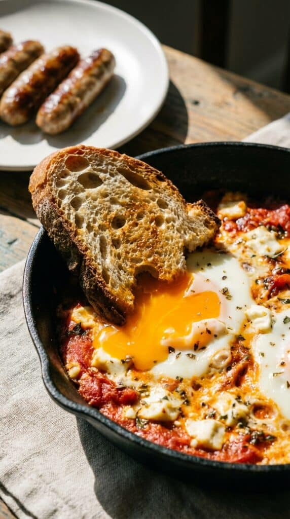 A close-up of a piece of crusty bread dipping into a runny egg yolk and melted feta cheese in a skillet, with chicken sausage in the background.
