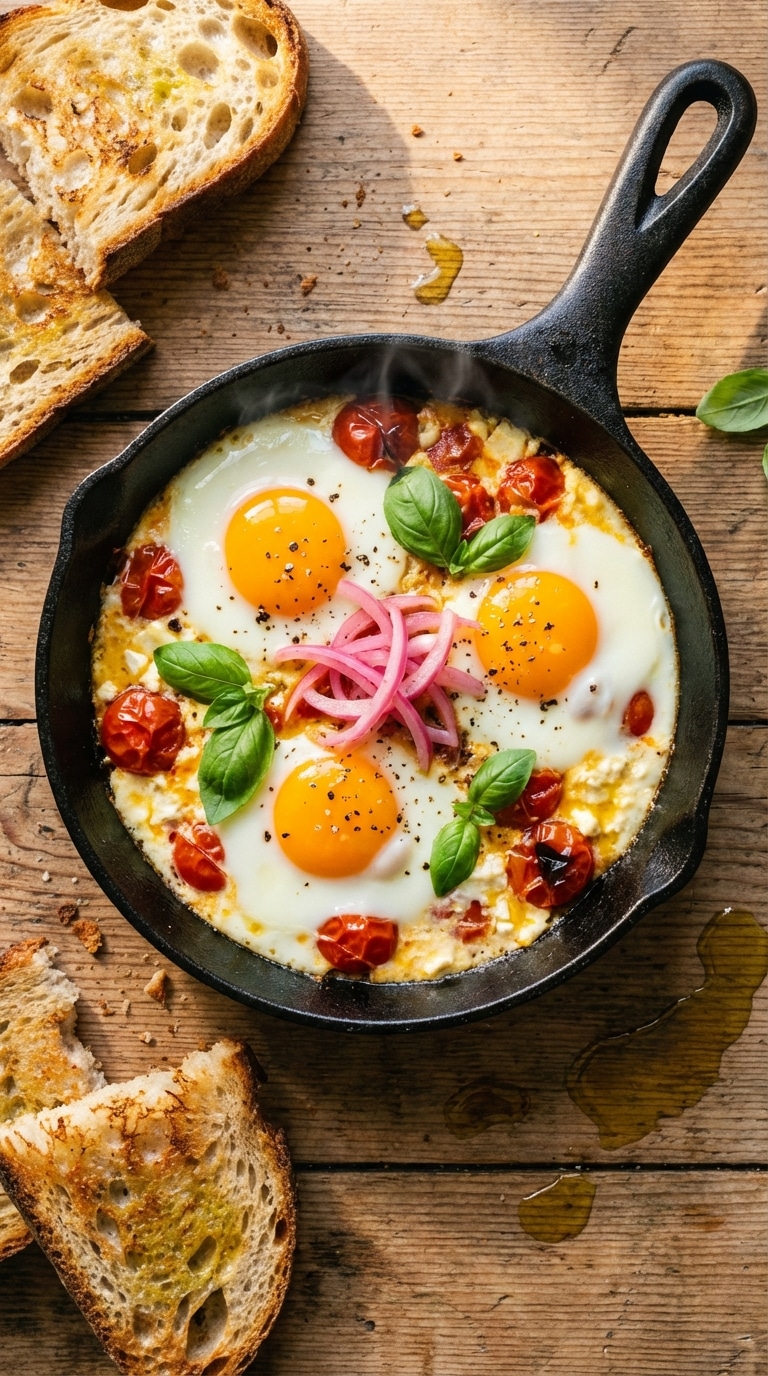 A top-down view of a cast iron skillet filled with baked eggs, melted feta cheese, burst cherry tomatoes, and pink pickled red onions.