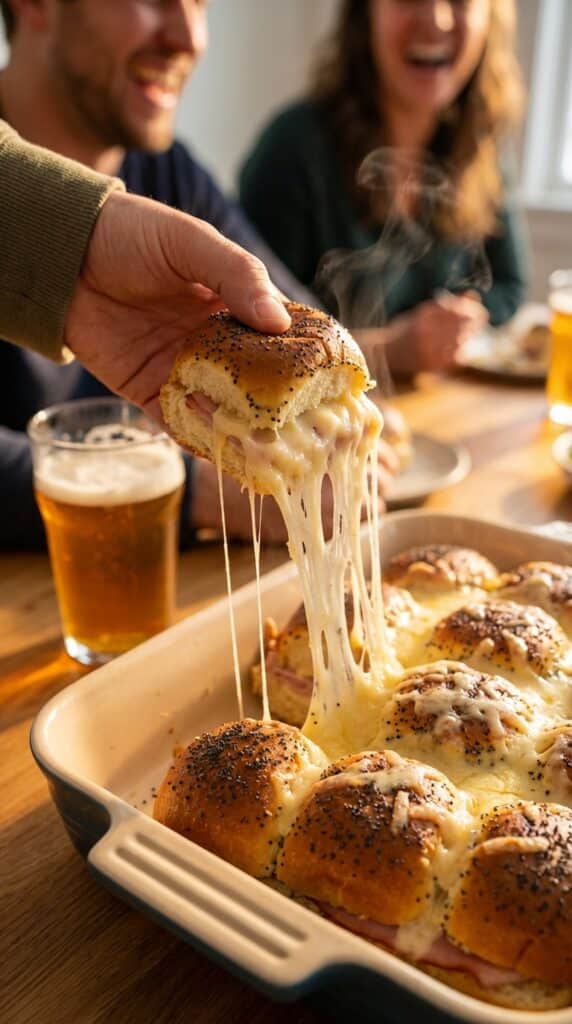 A close-up of a hand pulling a warm ham and cheese slider away from the batch, creating a long, gooey cheese stretch.