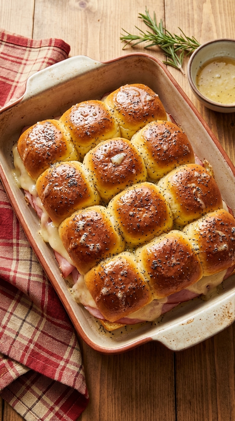 A top-down view of a baking dish filled with a dozen golden-brown baked ham and cheese sliders glazed with poppy seeds.