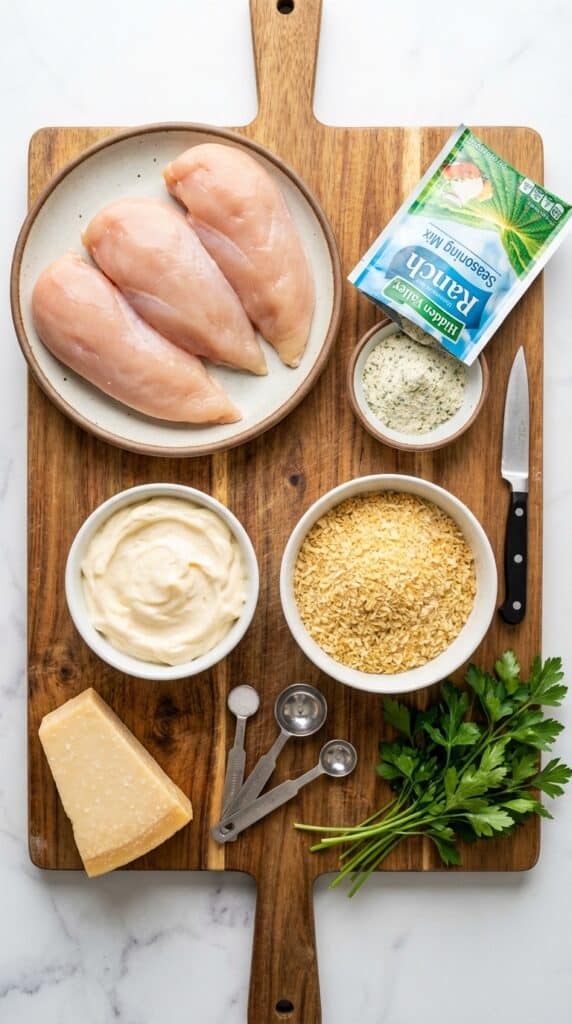 A flat lay showing raw chicken, a ranch seasoning packet, mayonnaise, Panko breadcrumbs, and parmesan cheese on a wooden board.