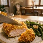A close-up of a knife cutting into a crispy baked ranch chicken breast, showing the juicy interior, served with green beans.