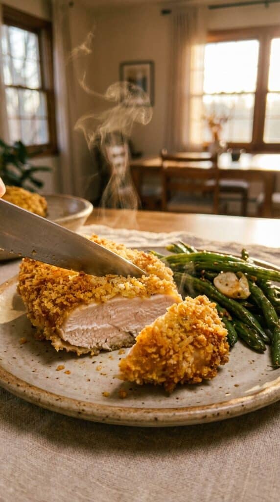 A close-up of a knife cutting into a crispy baked ranch chicken breast, showing the juicy interior, served with green beans.