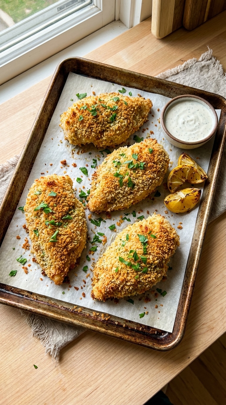 A top-down view of golden brown, crispy baked ranch chicken breasts on a parchment-lined baking sheet, garnished with parsley.