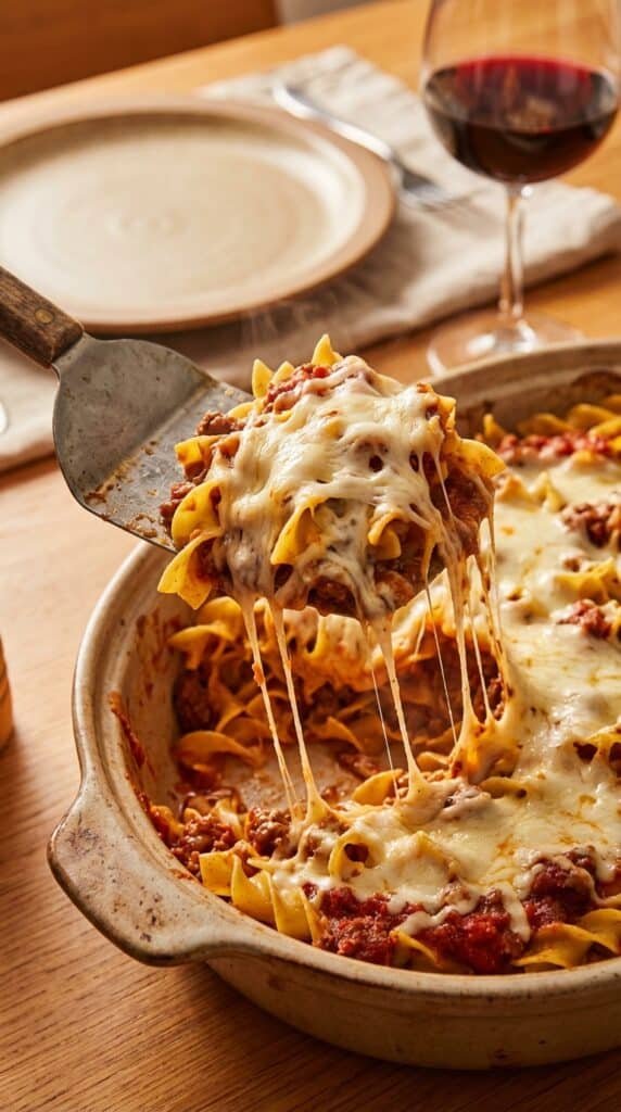 A close-up of a spatula lifting a hearty serving of layered beef, noodle, and cheese casserole with a dramatic cheese pull.