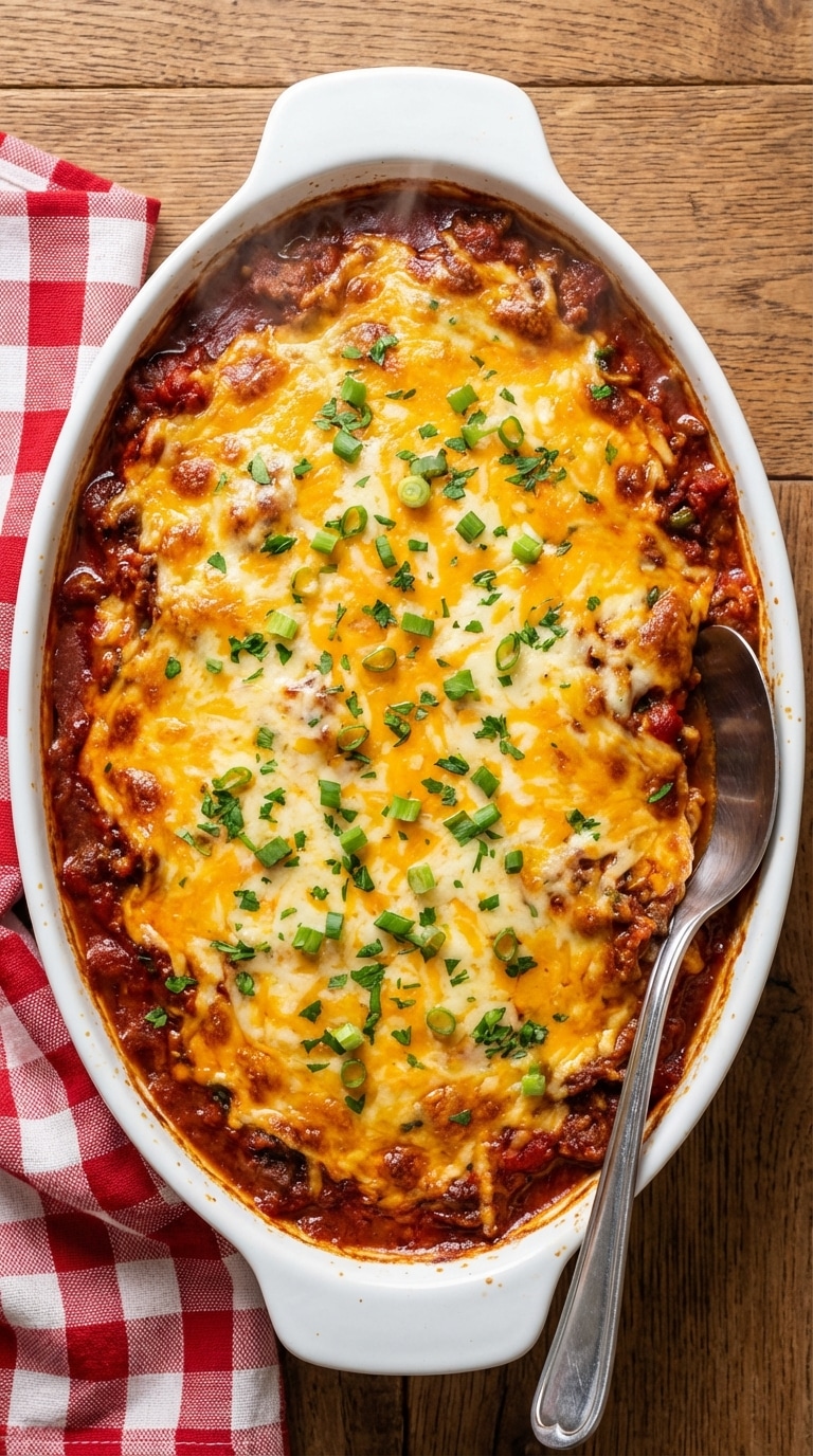 A top-down view of a large baking dish filled with Beef Lombardi casserole, topped with bubbly melted cheese and green onions.