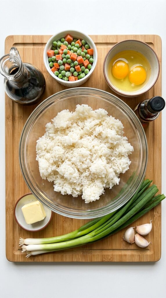 A flat lay showing a bowl of cold white rice, peas, carrots, eggs, soy sauce, sesame oil, and butter on a bamboo board.